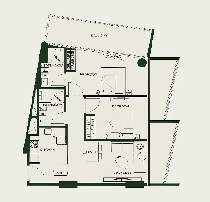 Binghatti HillCrest 2 bed floor plan, 1,110 – 1,134 sqft