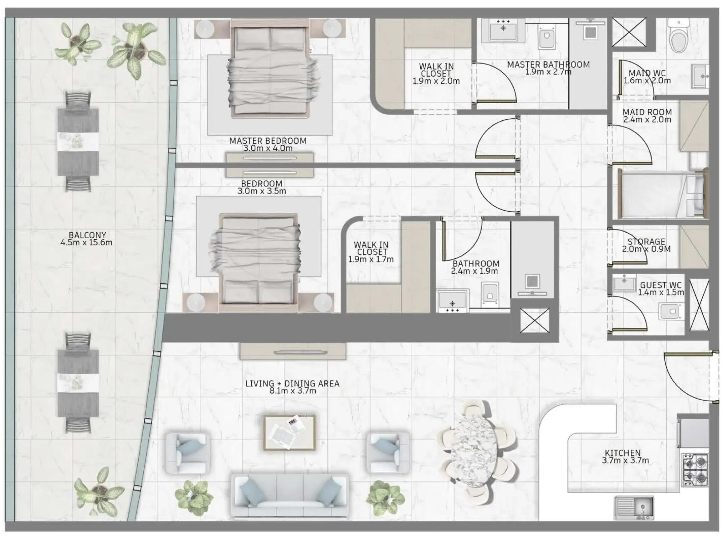 Al Habtoor Tower 2 bed floor plan, 1,649 sqft
