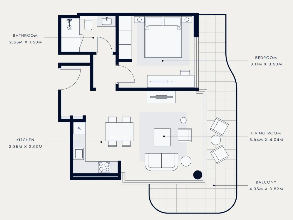 Azizi Venice 1 bed floor plan, 796 sqft