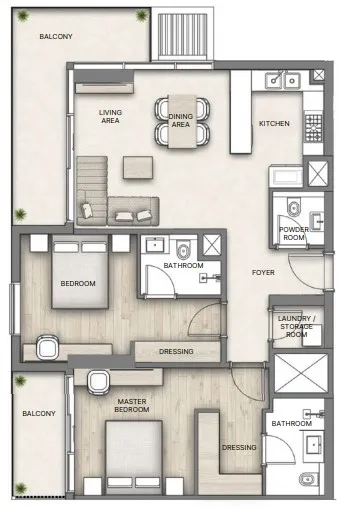 Al Hamra Greens 2 bed floor plan, 1,215 sqft