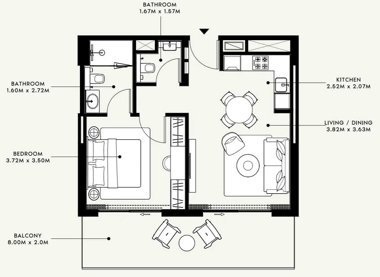 Azizi Venice 1 bed floor plan, 724 sqft