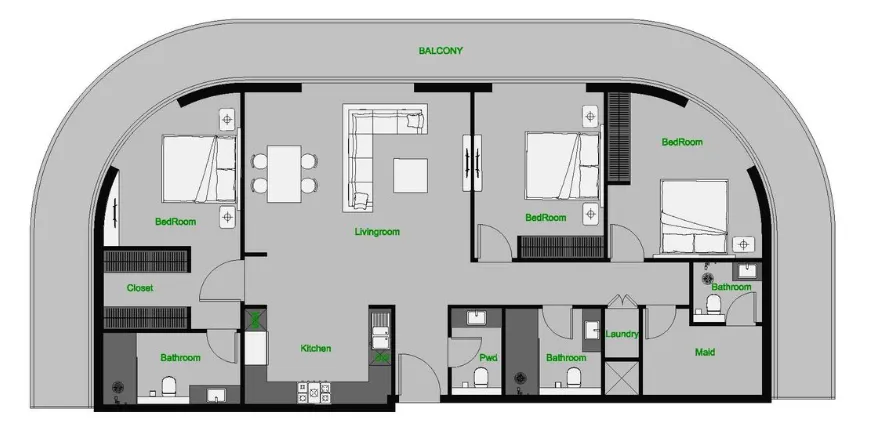 The Central Downtown 3 bed floor plan, 2,204 sqft