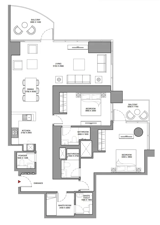 Skyscape 2 bed floor plan, 1,716 sqft