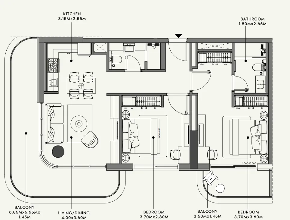 Azizi Venice 2 bed floor plan, 1,108 sqft