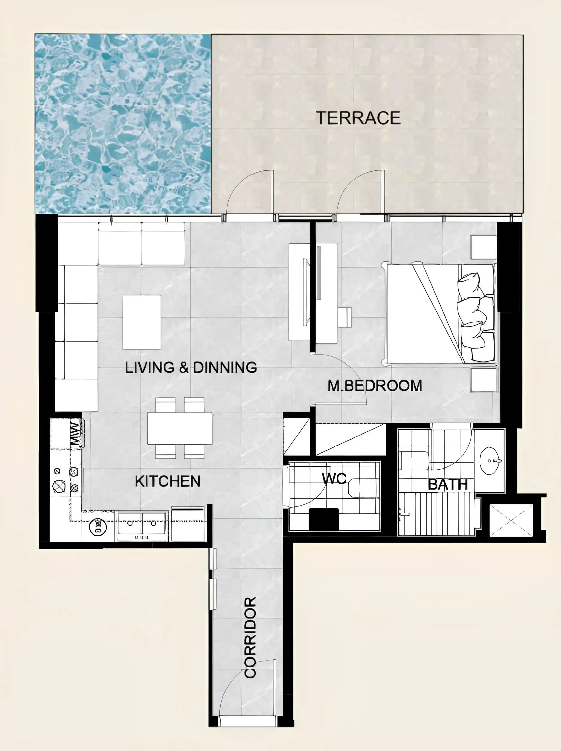 Future Residence 1 bed floor plan, 929 sqft
