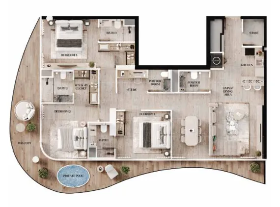 Agua Residences 3 bed floor plan, 1,712 sqft