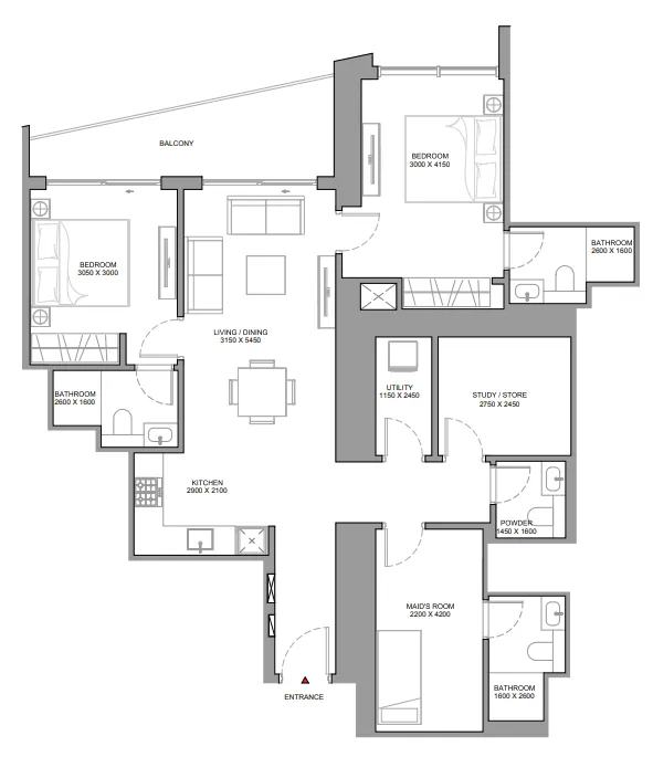The Horizon at Sobha Central 2 bed floor plan, 1,344 sqft