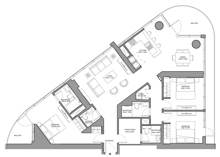 Sobha Solis 3 bed floor plan, 1,895 sqft