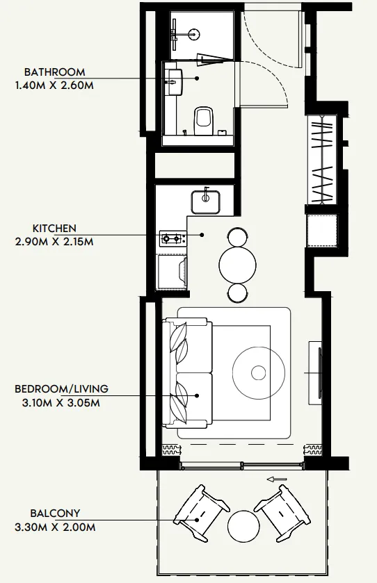 Azizi Venice Studio floor plan, 380 sqft