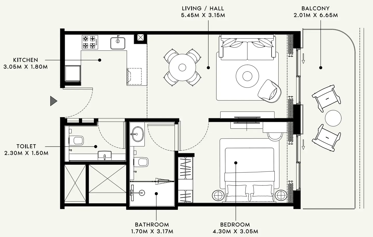Azizi Venice 1 bed floor plan, 745 sqft