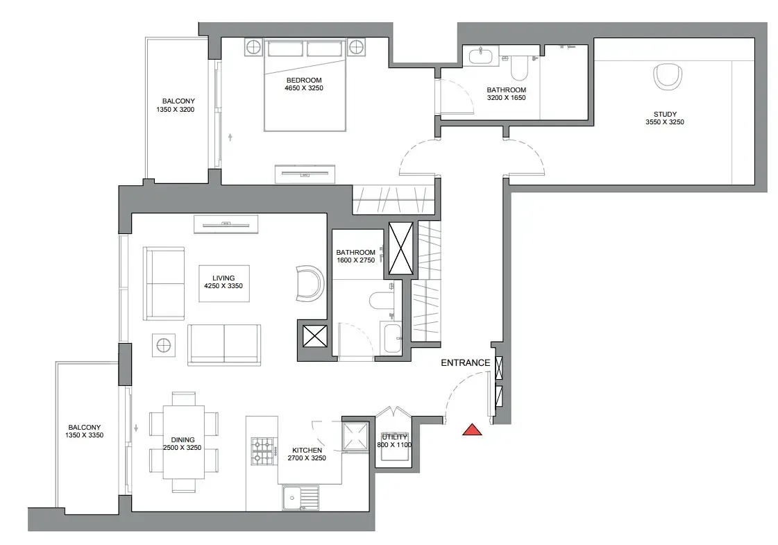 350 Riverside Crescent 1 bed floor plan, 1,191 sqft
