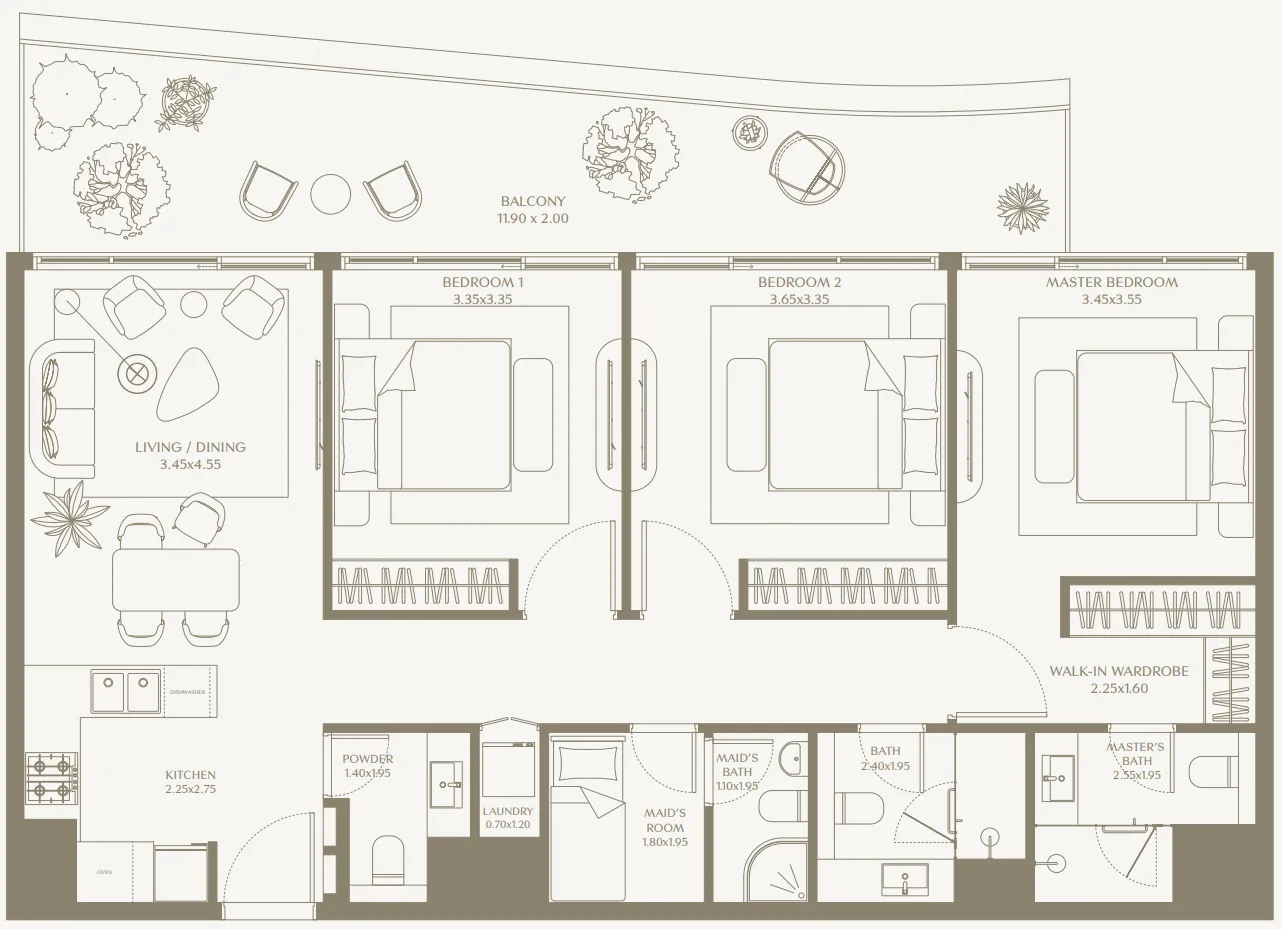 AYA Beachfront Residences 3 bed floor plan, 1,401 sqft