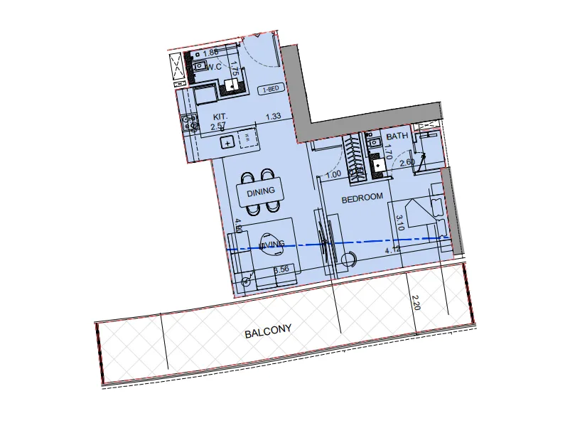 Binghatti Aquarise 1 bed floor plan, 958 sqft