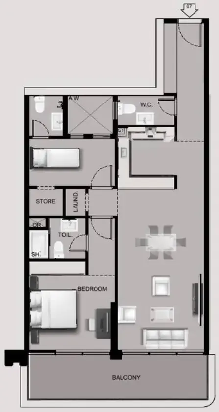 Sea View Residence 1 bed floor plan, 1,183 sqft