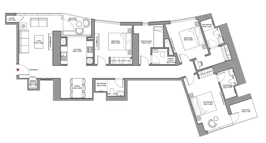 Skyscape 3 bed floor plan, 1,614 sqft