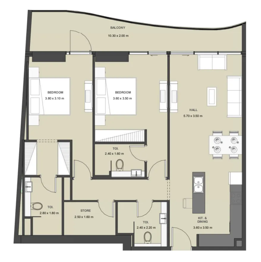 Lucky Oasis Residence 2 bed floor plan, 1,240 sqft