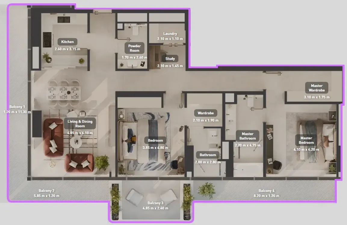 Luluat Marina at Luluat Al Raha 2 bed floor plan, 1,888 sqft