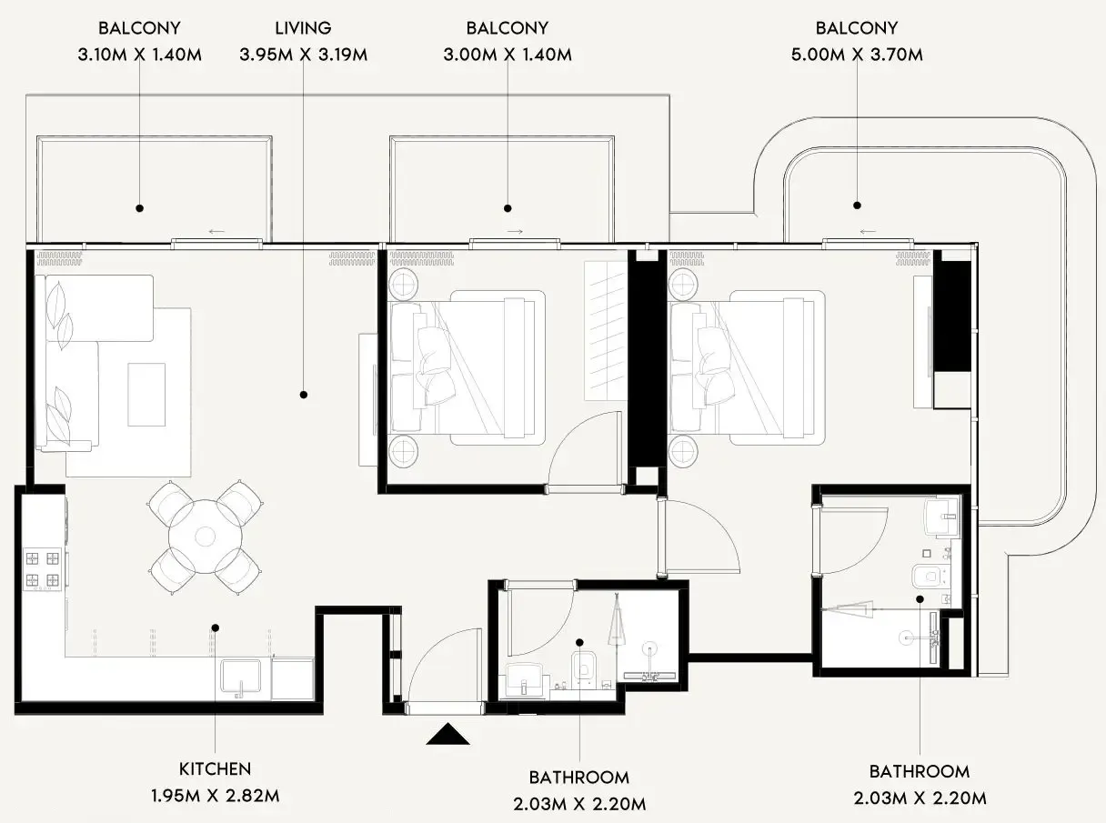 Azizi Wares 2 bed floor plan, 1,048 sqft