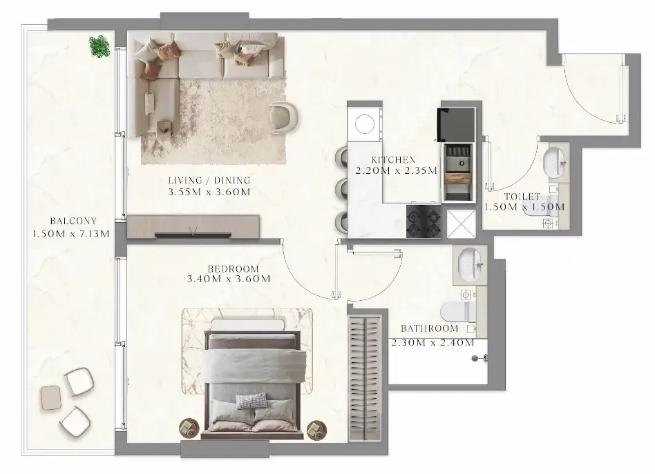 Aum 99 Residences 1 bed floor plan, 538 – 665 sqft