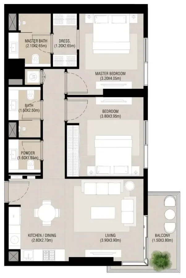 Camden 2 bed floor plan, 992 sqft