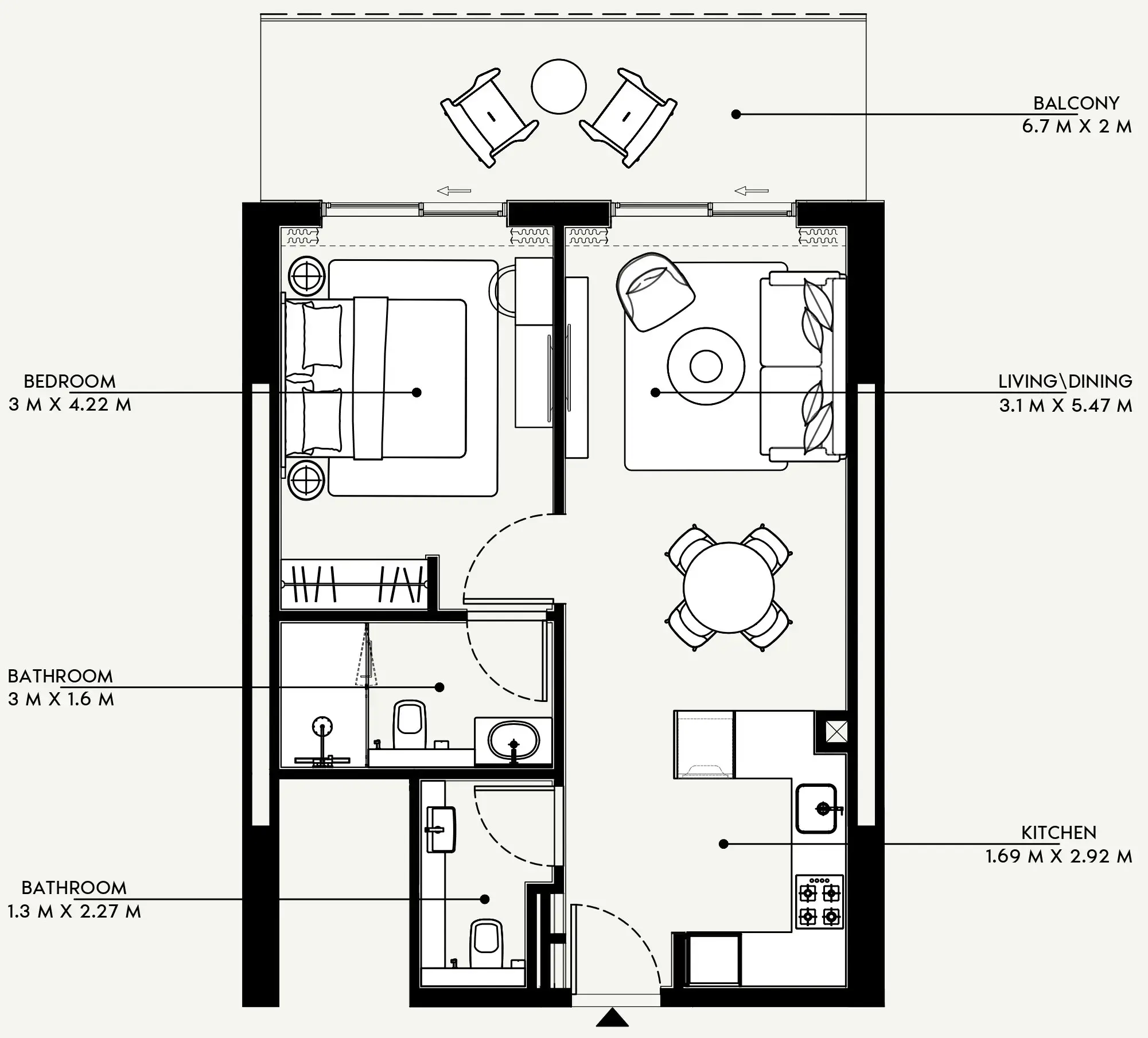 Azizi Venice 1 bed floor plan, 695 sqft