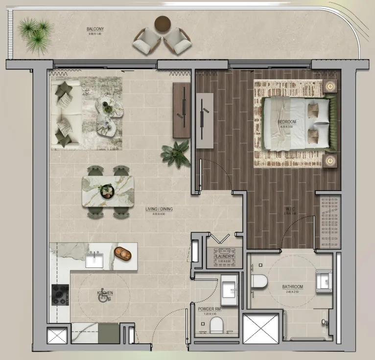 Yas Park Place 1 bed floor plan, 870 sqft