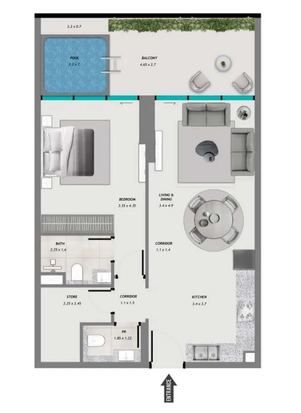 Samana Resorts 1 bed floor plan, 871 sqft