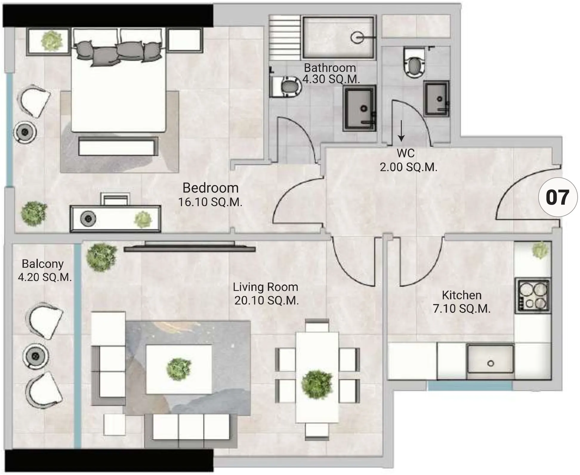 Oasis Tower 3 1 bed floor plan, 995 – 996 sqft