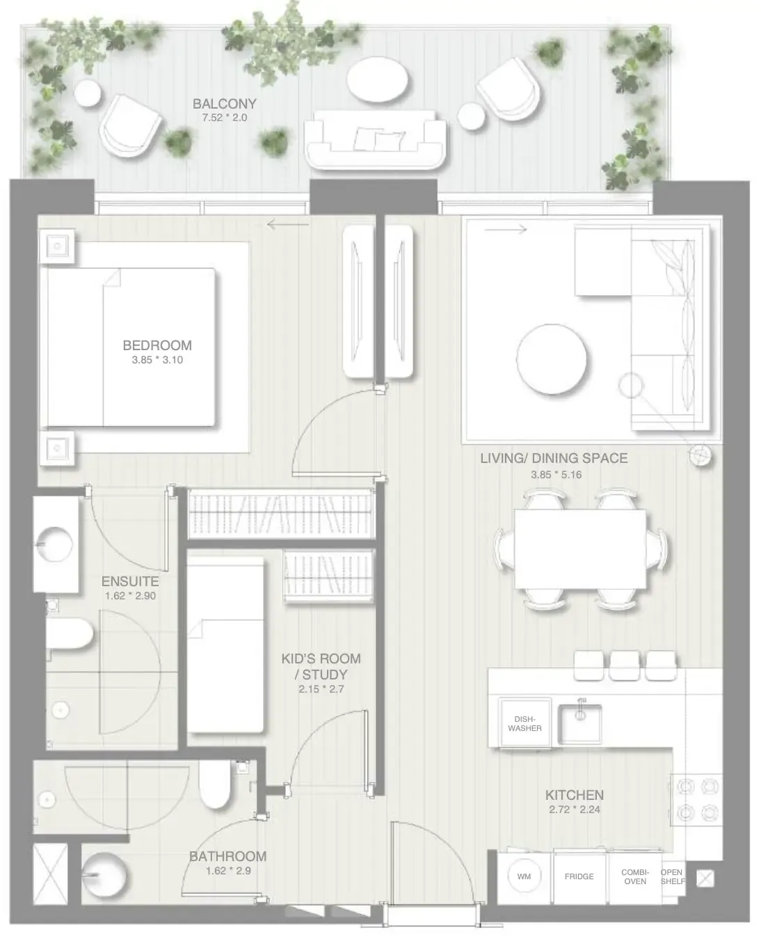 Sol Levante 1 bed floor plan, 856 – 857 sqft