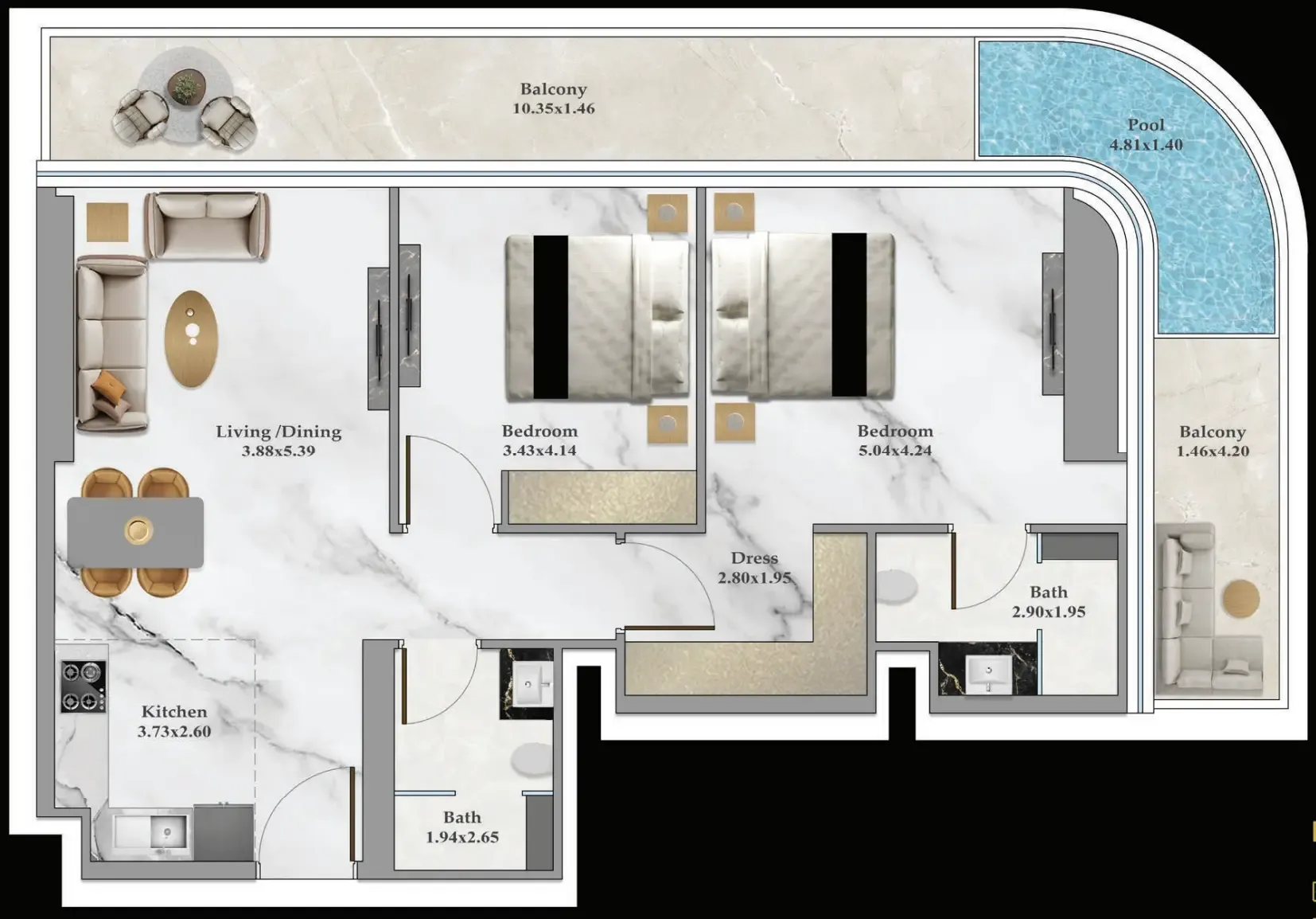 Bayz 102 2 bed floor plan, 1,218 sqft