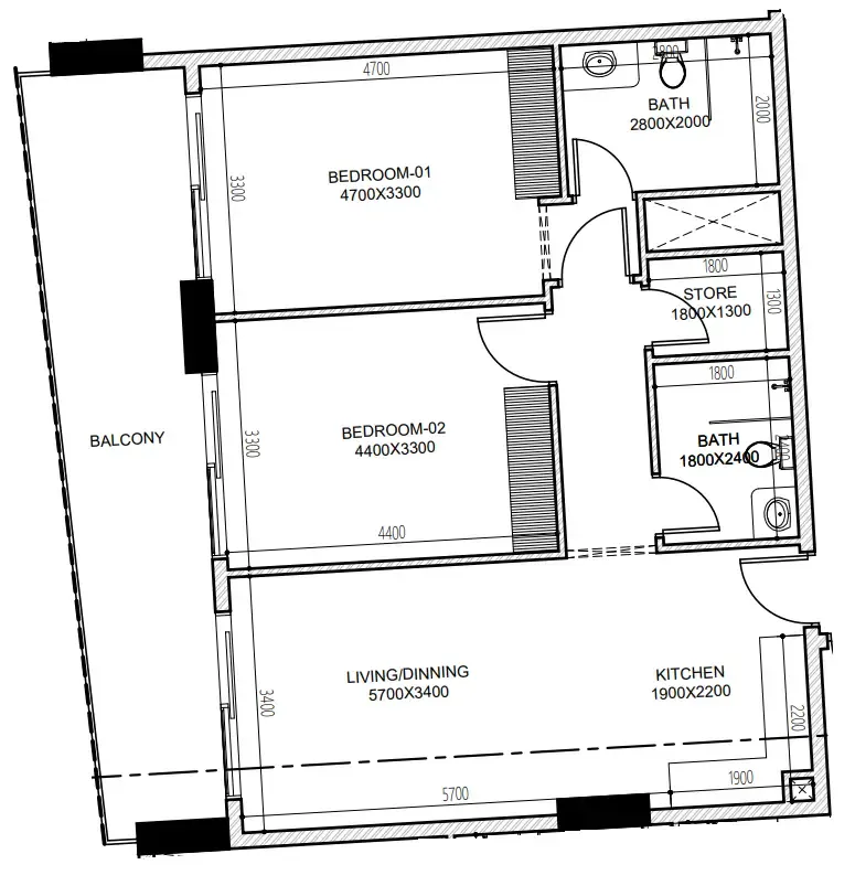 Astra South 2 bed floor plan, 1,077 sqft