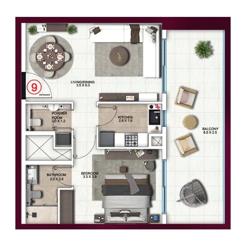 Symbolic Altus 1 bed floor plan, 835 sqft