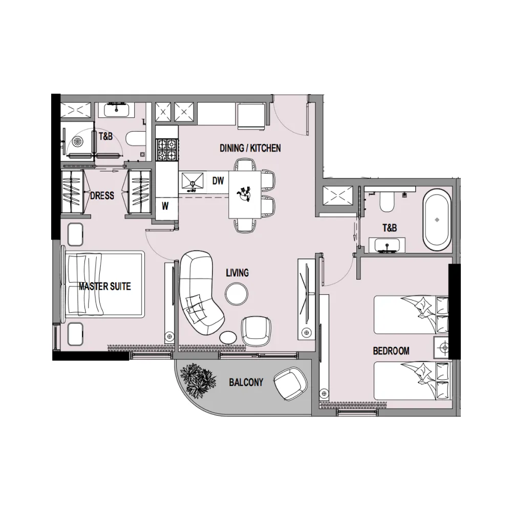 Verso 2 bed floor plan, 790 sqft