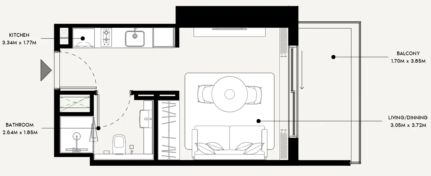 Azizi Venice Studio floor plan, 356 sqft