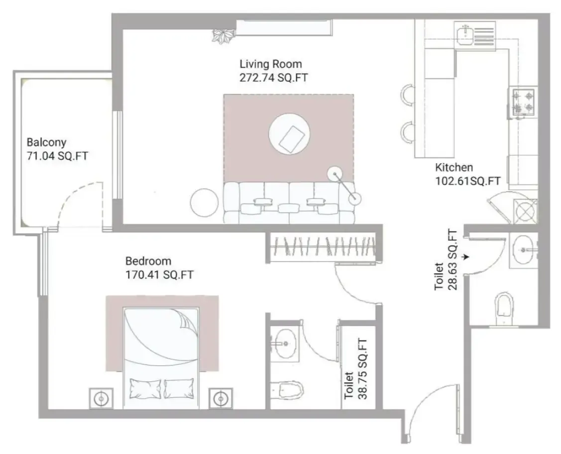 Ajman Creek Towers 1 bed floor plan, 1,128 sqft