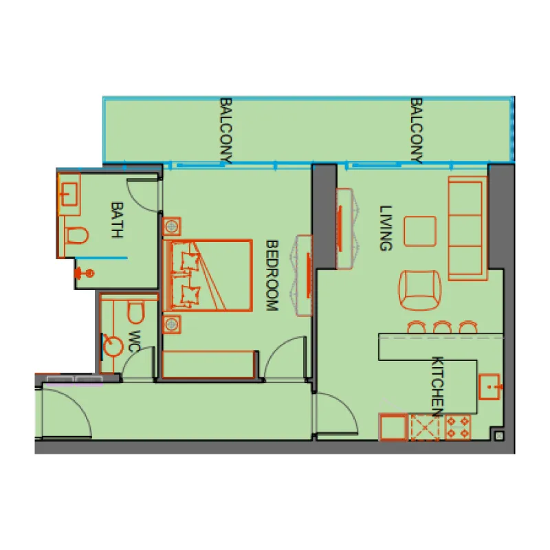 SkyGate Tower 1 bed floor plan, 829 sqft