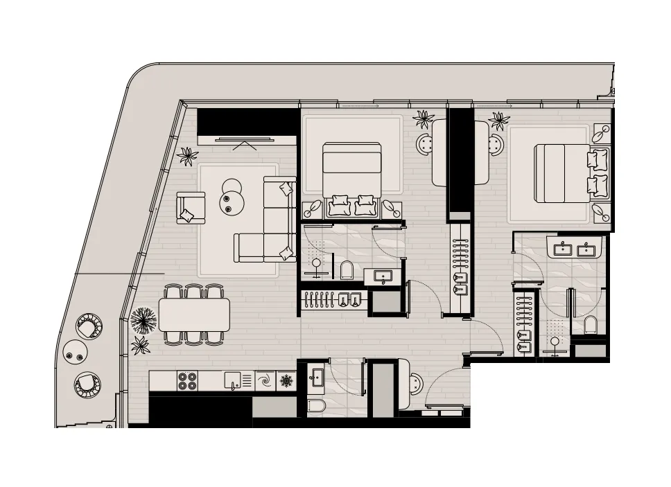 Iconic Tower 2 bed floor plan, 1,599 sqft