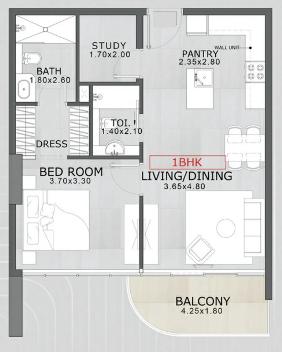 Floarea Skies 1 bed floor plan, 717 sqft