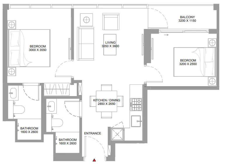 Bayfront Marina Residences 2 bed floor plan, 653 – 654 sqft