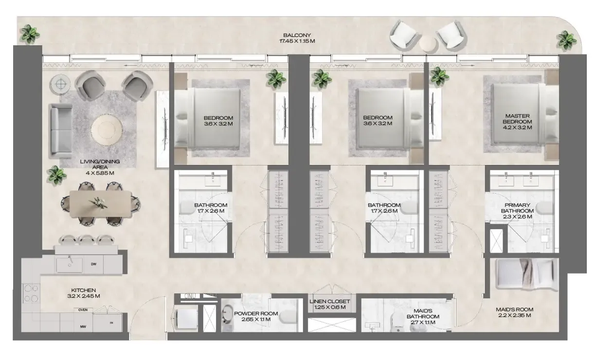 DWTN Residences 3 bed floor plan, 1,807 sqft
