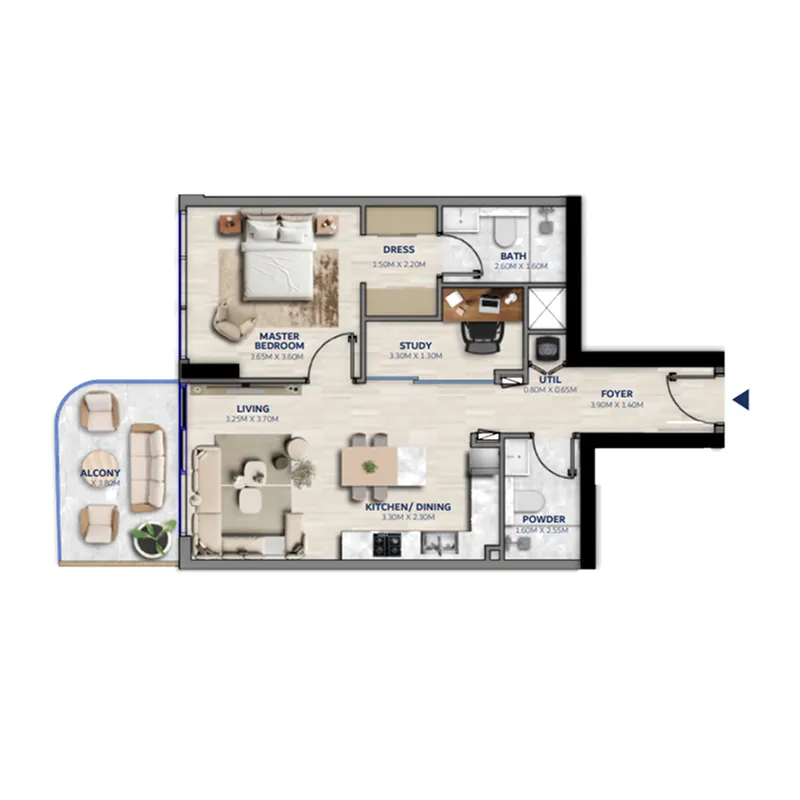 Vedaire Residences 1 bed floor plan, 829 – 834 sqft