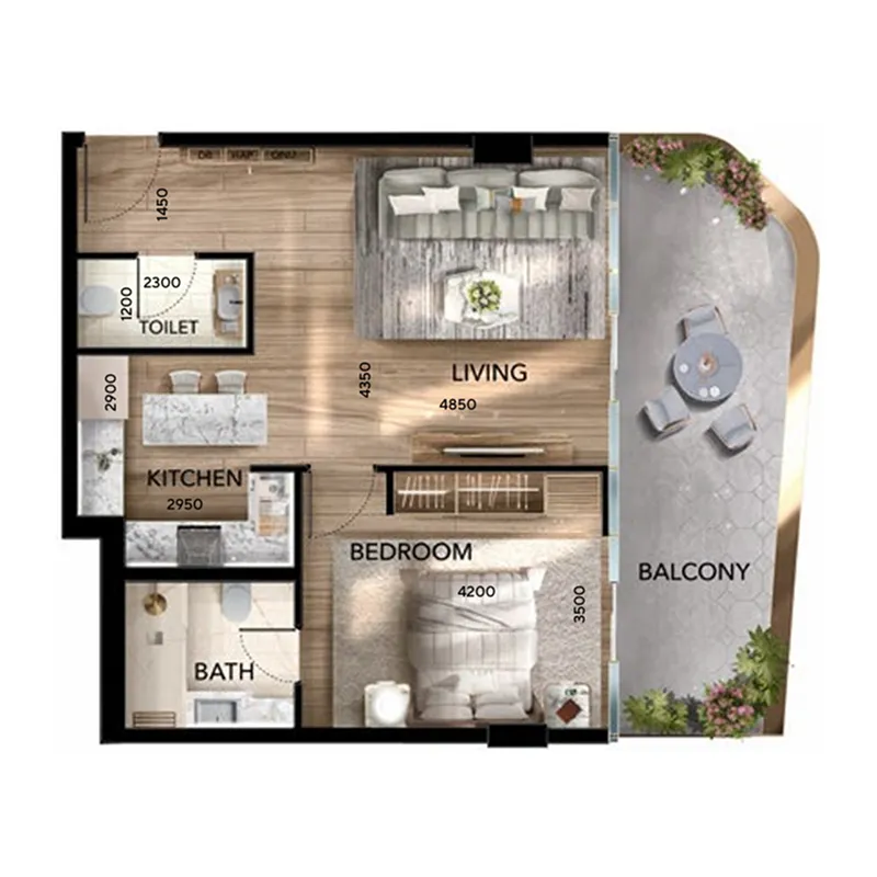 Radiant Atrium 1 bed floor plan, 519 sqft
