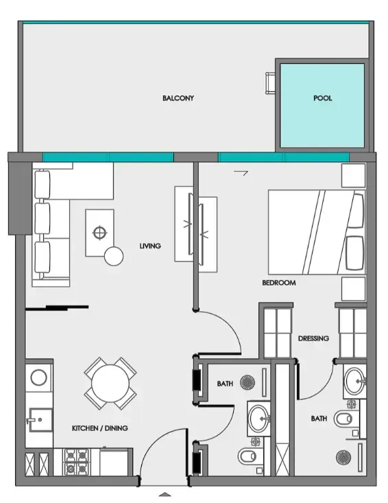 Samana Portside 1 bed floor plan, 786 sqft