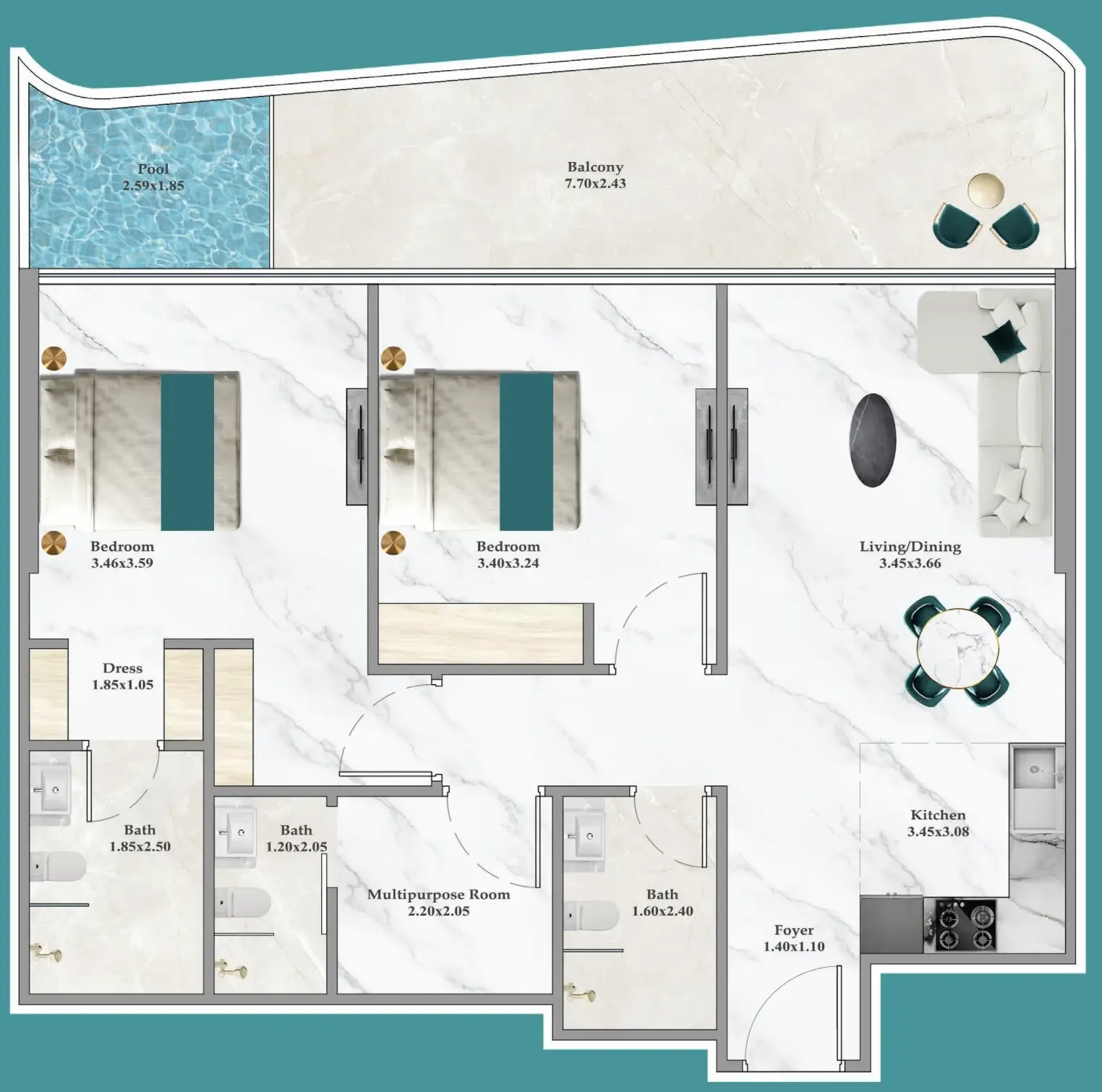 Breez 2 bed floor plan, 1,029 sqft