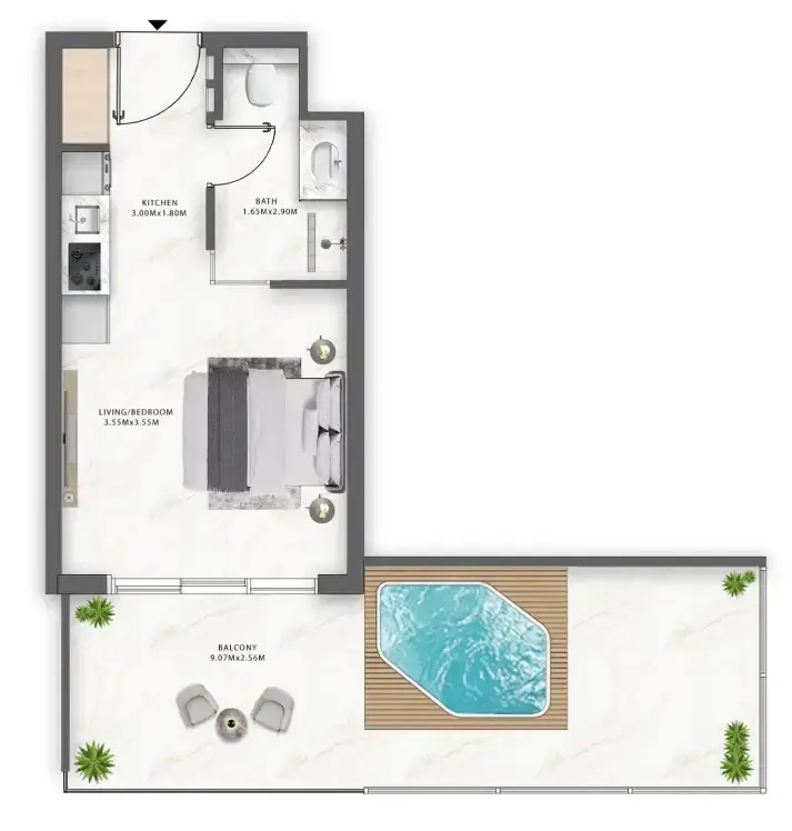 One Central Studio floor plan, 352 sqft