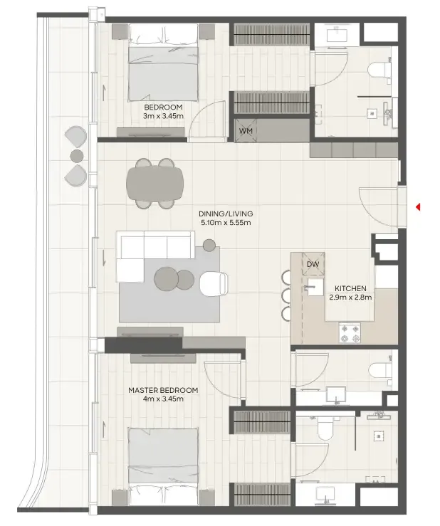 LIV Oceanside 2 bed floor plan, 1,260 sqft