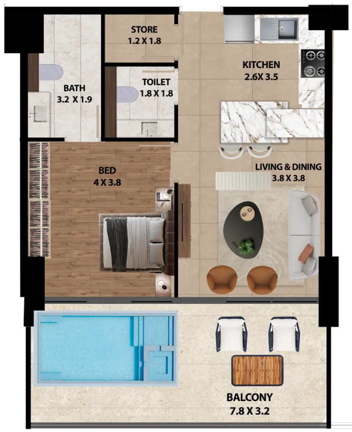 Marquis One 1 bed floor plan, 902 sqft