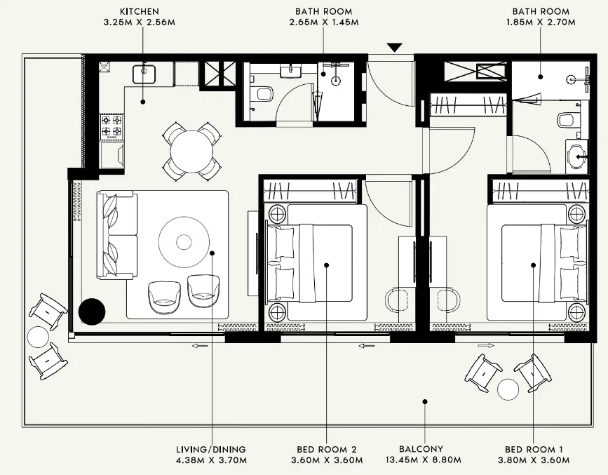 Azizi Venice 2 bed floor plan, 1,092 sqft