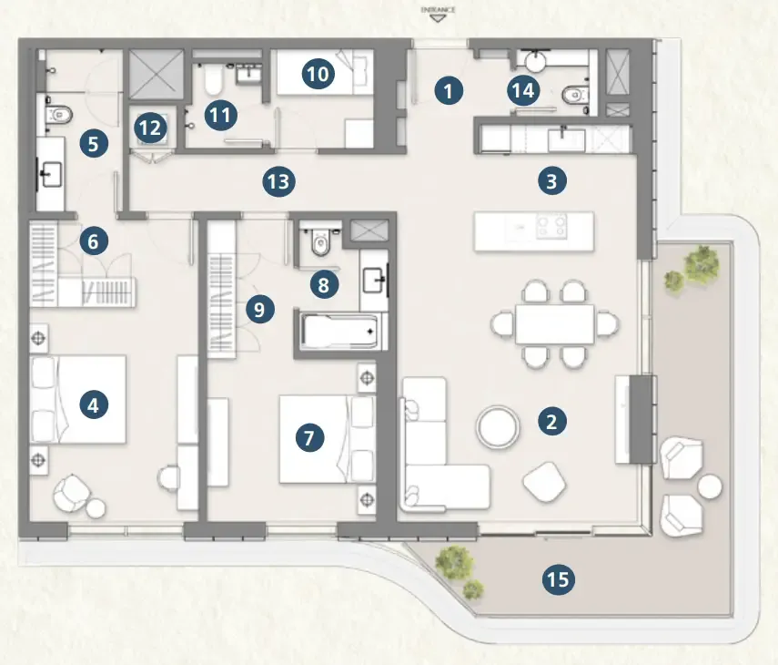 Muheira Maysan 2 bed floor plan, 1,522 – 1,557 sqft