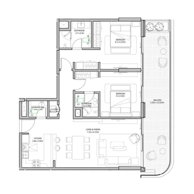The Blue Beach Residence 1 bed floor plan, 1,142 sqft
